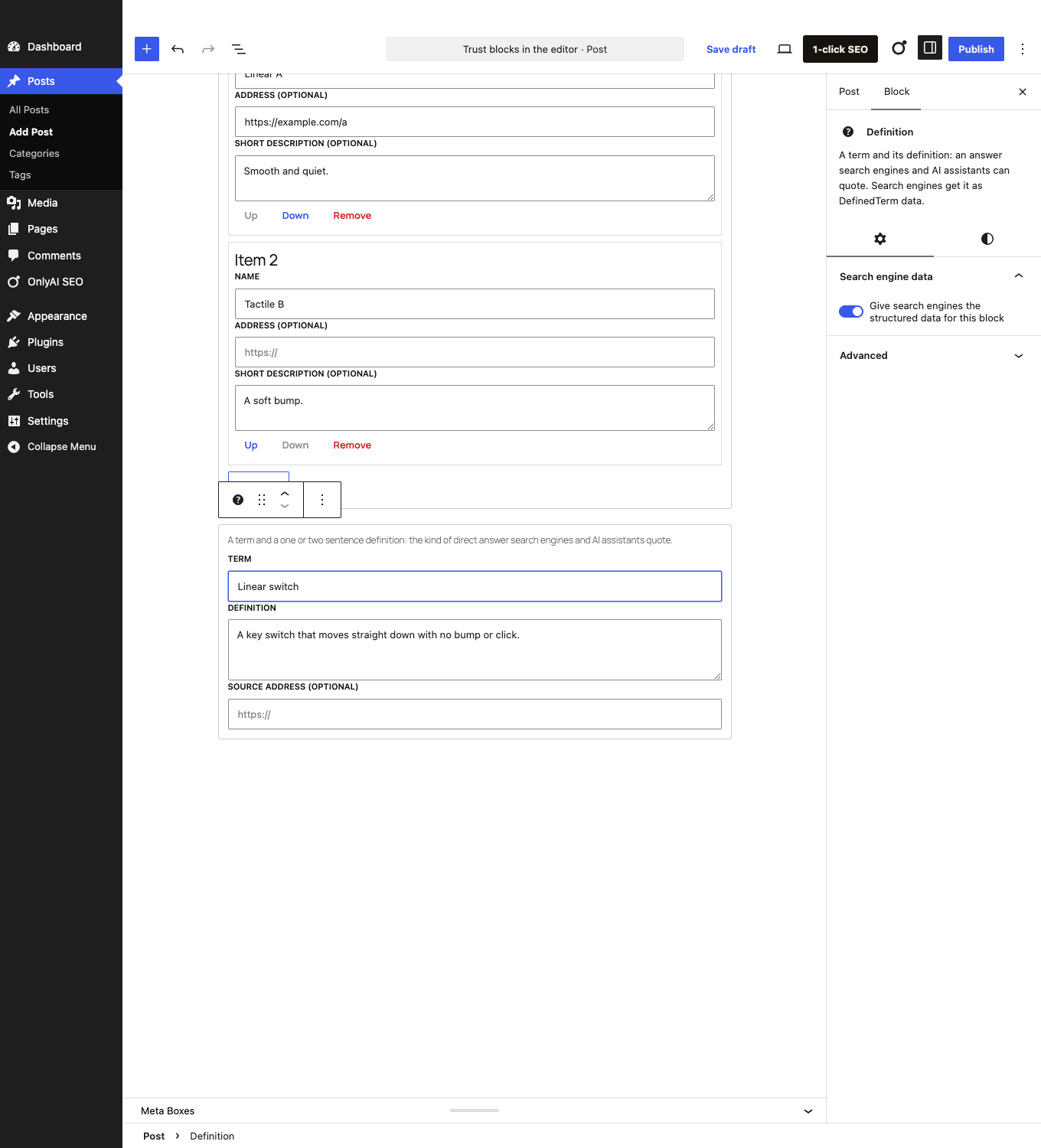 The block editor with the Top list block open, showing fields for name, address and description of each item