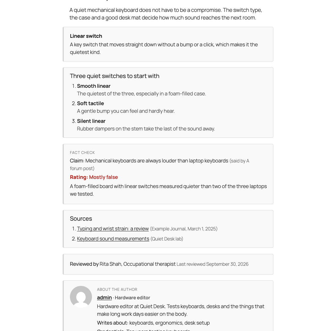 A page showing a definition, a numbered top list, a fact check with a Mostly false rating, a sources list, a reviewed by line and an author box
